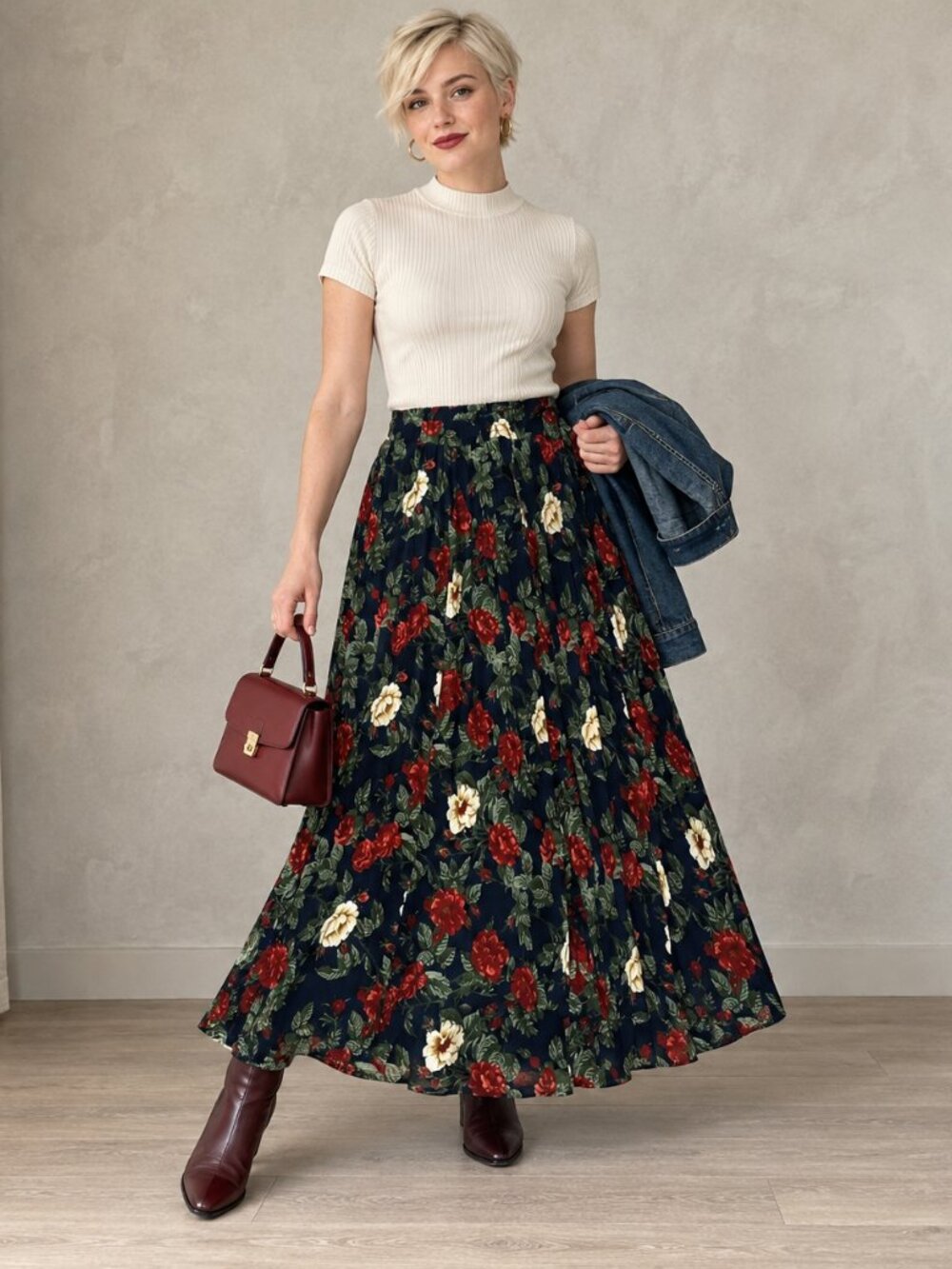 Separate Scene Floral Print Women's Vintage Maxi Skirt 80s Elastic Waist Large